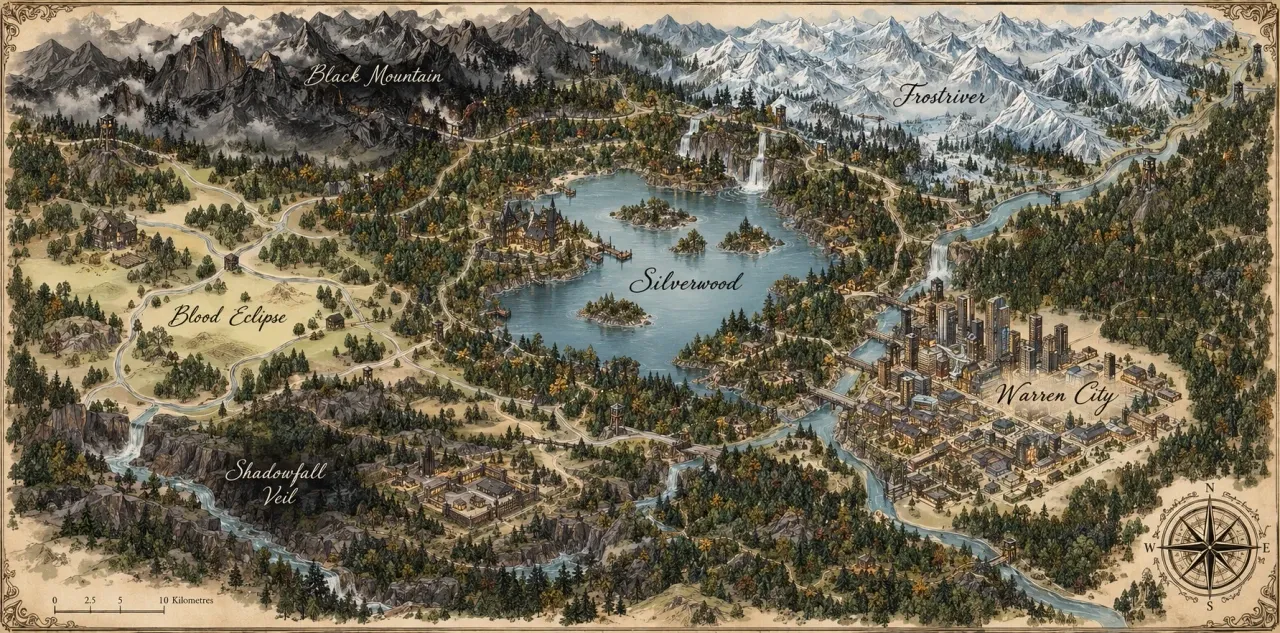 Illustrated map of the Silverwood world: Black Mountain and Frostriver to the north, the Silverwood lake and forest at the centre, Blood Eclipse to the west, the Shadowfall compound to the south and Warren City to the east.